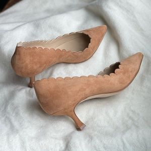 Manolo Blahnik Scalloped Tan Suede Kitten Heels